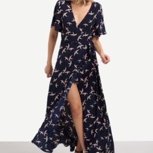 Shein long navy wrap dress birds small medium